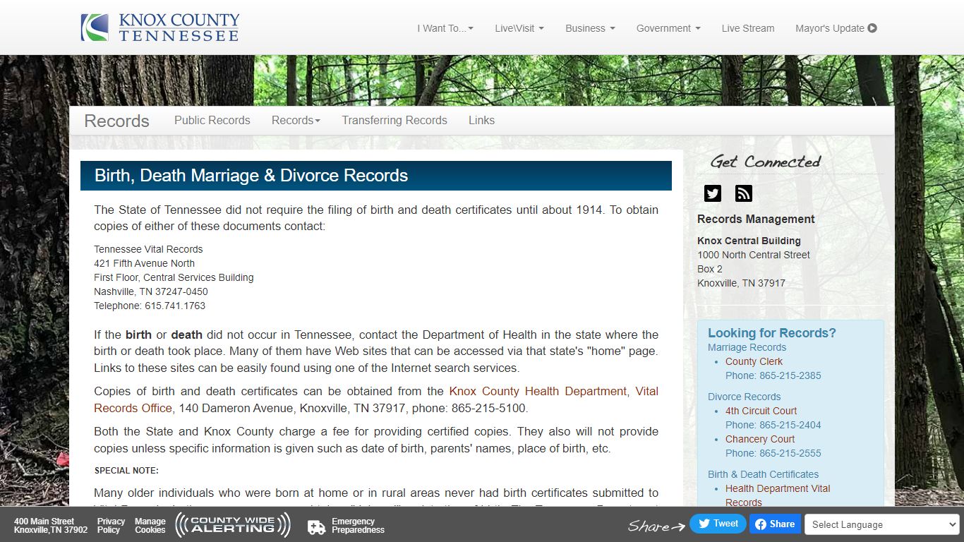 Birth, Death Marriage & Divorce Records - Knox County, Tennessee